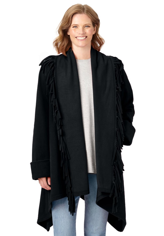 Fringed Shawl Collar Fleece Jacket image number 0