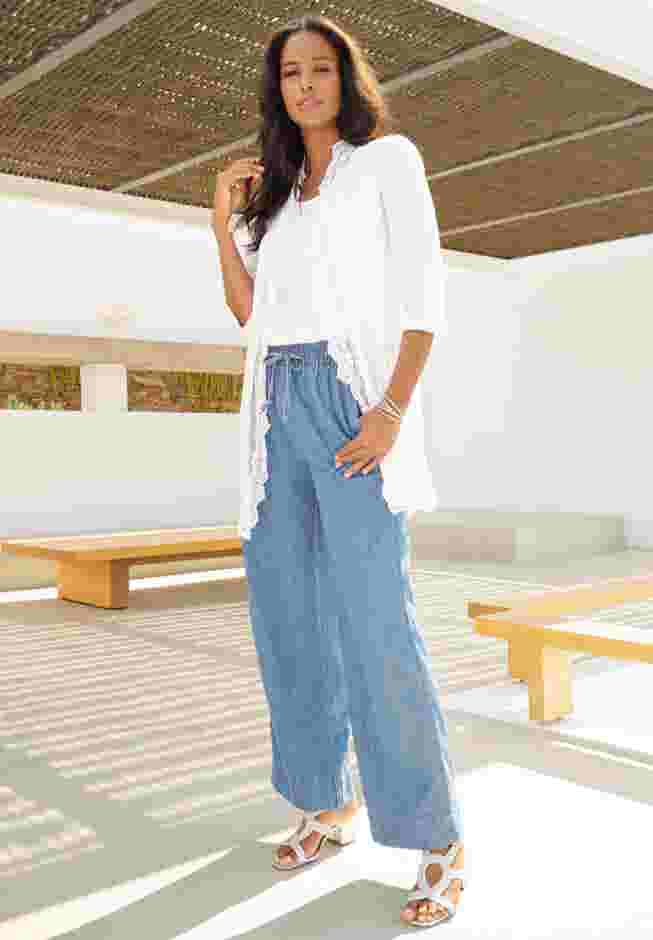 Plus Size Pull On Wide Leg Chambray Pant image number 3