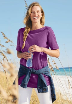 Perfect Cuffed Elbow-Sleeve Boat-Neck Tee