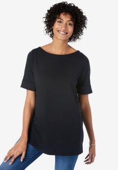 Perfect Cuffed Elbow-Sleeve Boat-Neck Tee