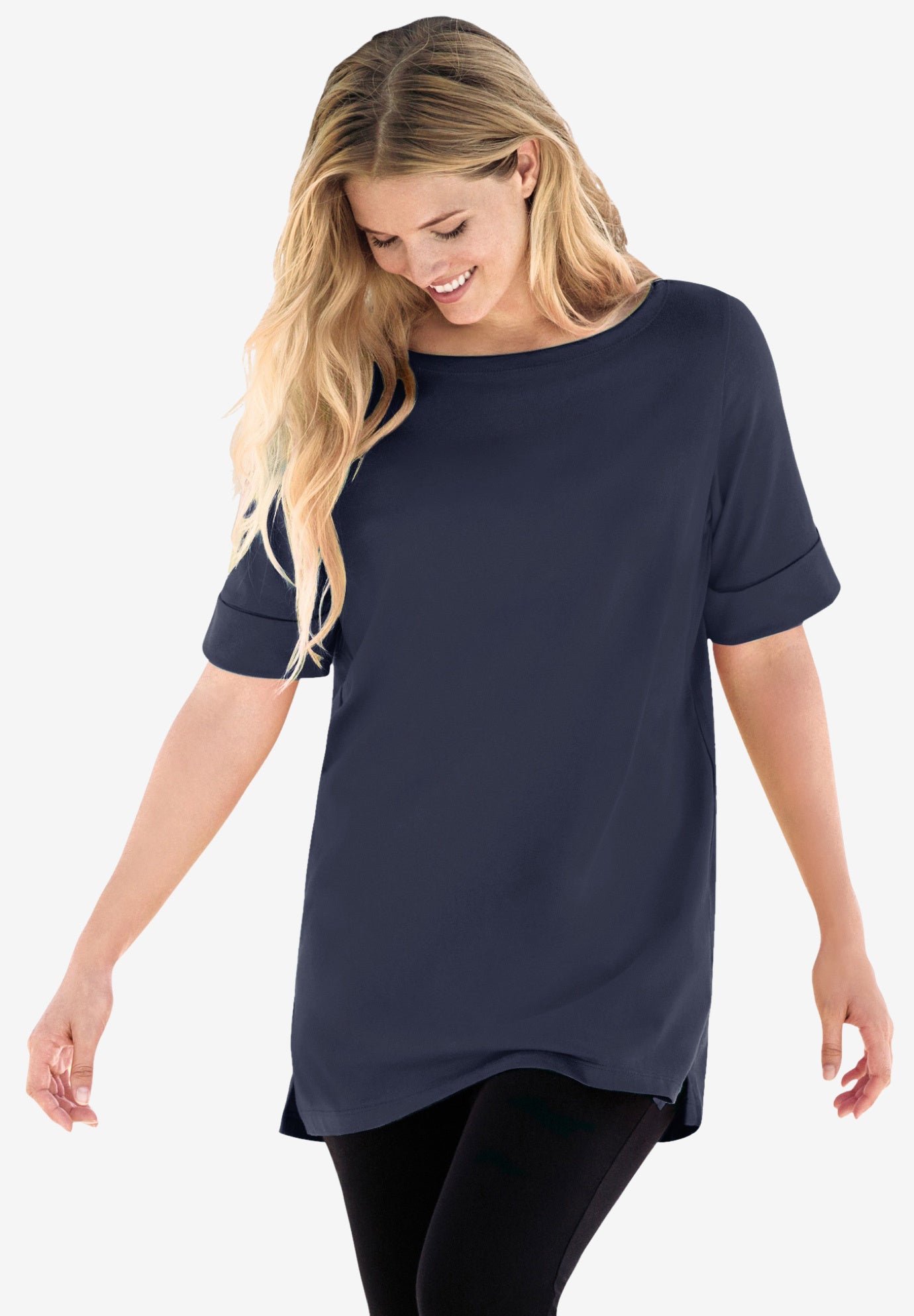 Perfect Cuffed Elbow-Sleeve Boat-Neck Tee image number 0