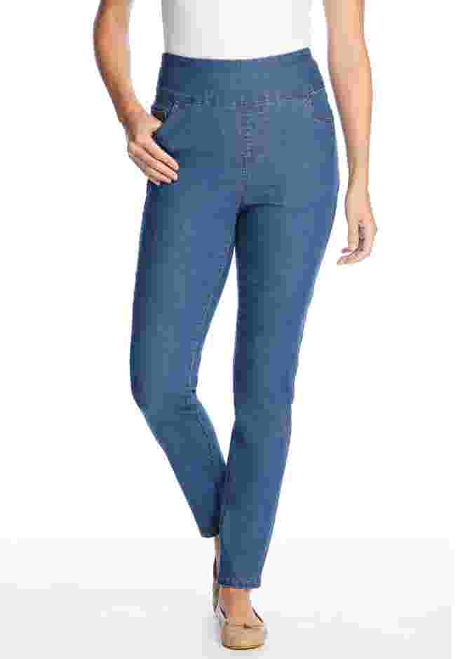 Womens Plus-Size Flex-Fit Slim-Leg Pull-On Gap-Free Stretch-Denim Jeans image number 4