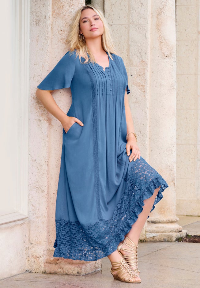 Hand-Crinkled Lace-Panelled Boho Dress image number 0