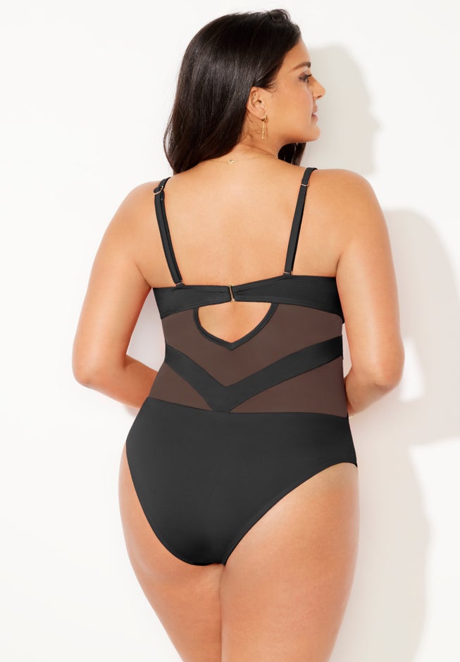 Mesh Spliced Bandeau Underwire One Piece Swimsuit image number 1