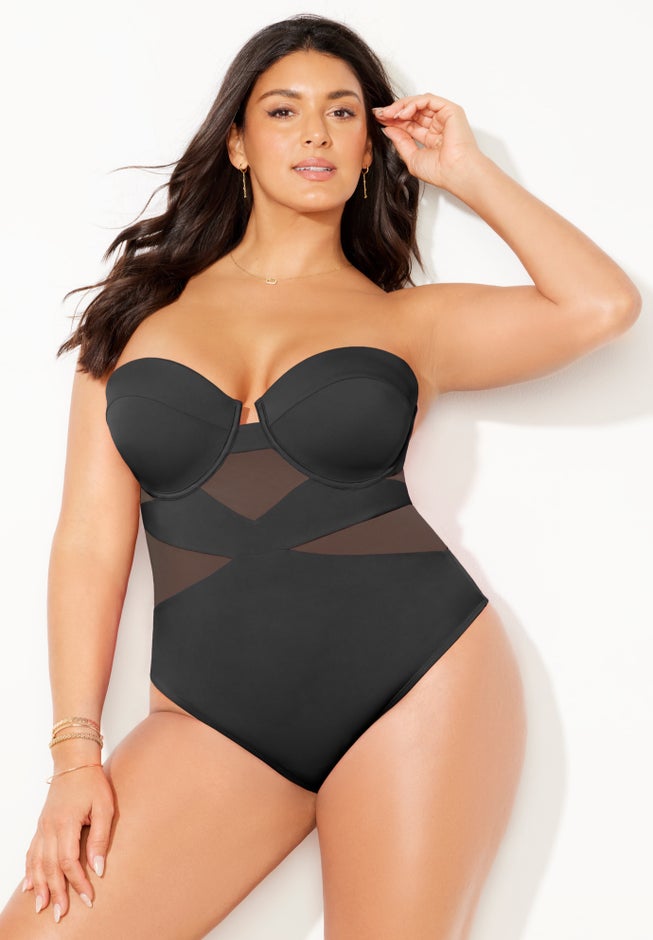 Mesh Spliced Bandeau Underwire One Piece Swimsuit image number 3