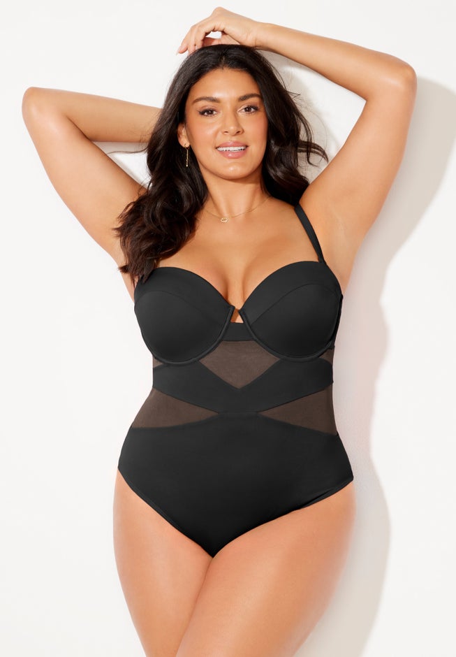 Mesh Spliced Bandeau Underwire One Piece Swimsuit image number 4