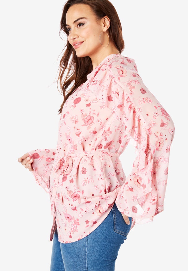 Ruffle-Sleeve Tunic with Tie Waist image number null