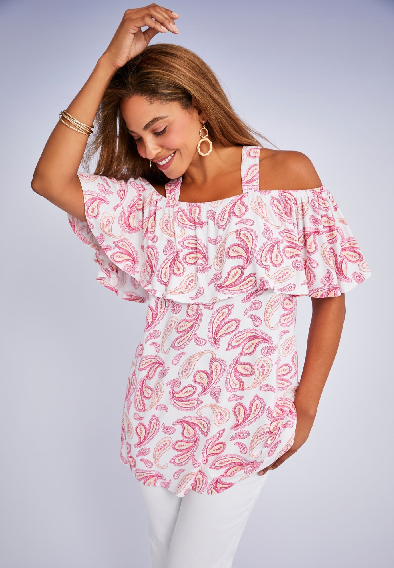 Stretch Knit Cold Shoulder Ruffle Tunic image number 1