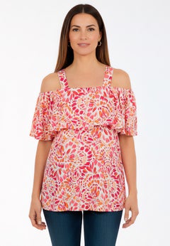 Stretch Knit Cold Shoulder Ruffle Tunic