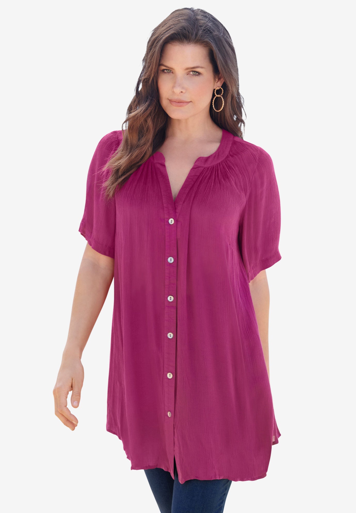 Plus Size Angelina Crinkle Crepe Y-Neck Short Sleeve Tunic image number 0