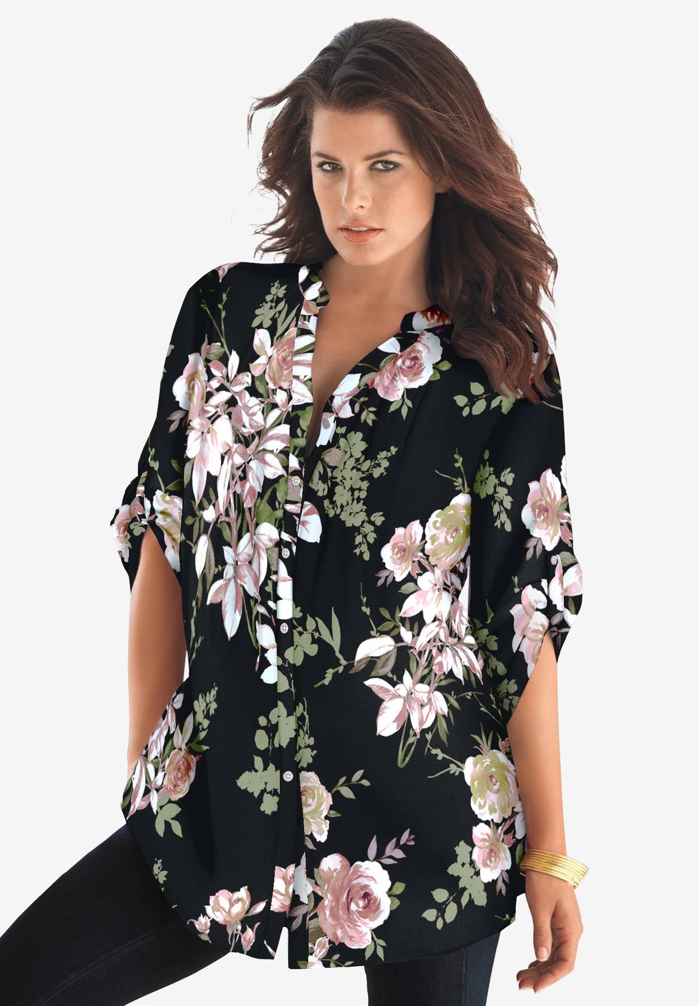Plus Size Pintuck Tunic Blouse &ndash; Y-Neck & Roll-Tab Sleeves image number 1
