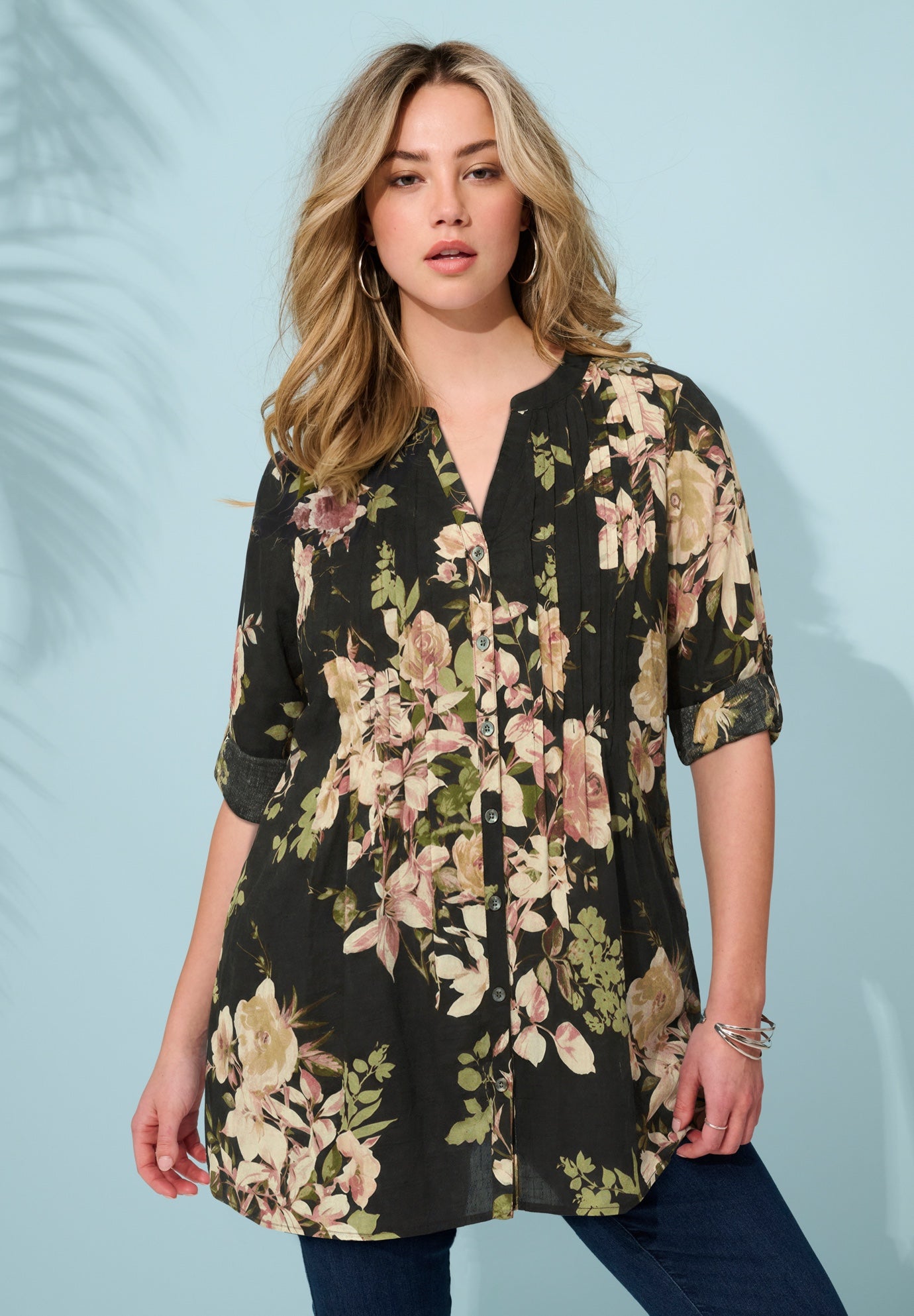 Plus Size Pintuck Tunic Blouse &ndash; Y-Neck & Roll-Tab Sleeves image number 0