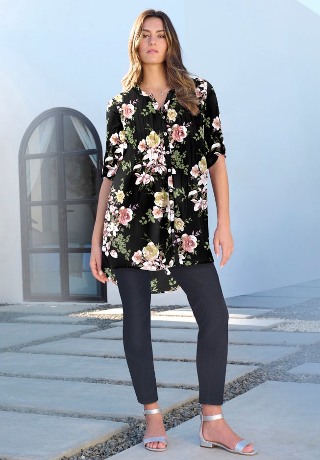 Plus Size Floral Y-Neck Pintuck Tunic &ndash; Adjustable Long Sleeve Button-Front, Relaxed Shirt Style image number 6