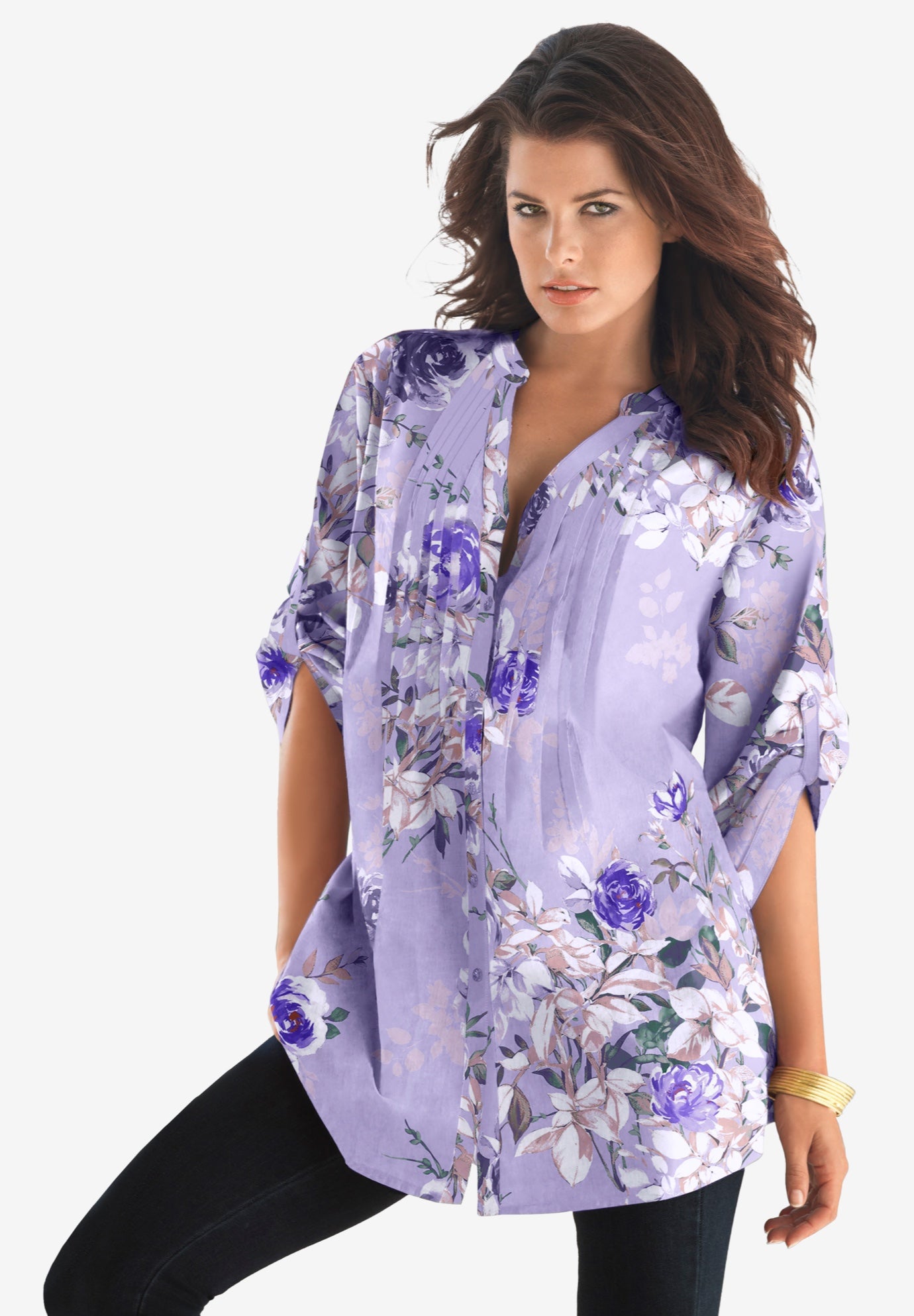 Plus Size Pintuck Tunic Blouse &ndash; Y-Neck & Roll-Tab Sleeves image number 0