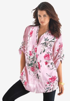 Plus Size Pintuck Tunic Blouse &ndash; Y-Neck & Roll-Tab Sleeves