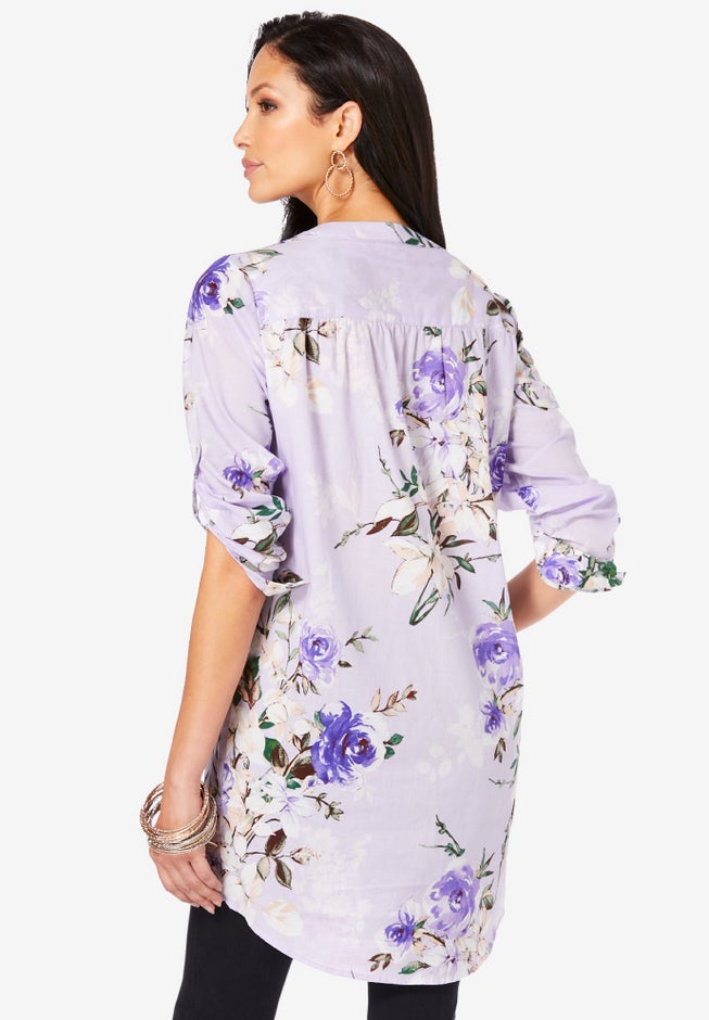 Plus Size Pintuck Tunic Blouse &ndash; Y-Neck & Roll-Tab Sleeves image number 1