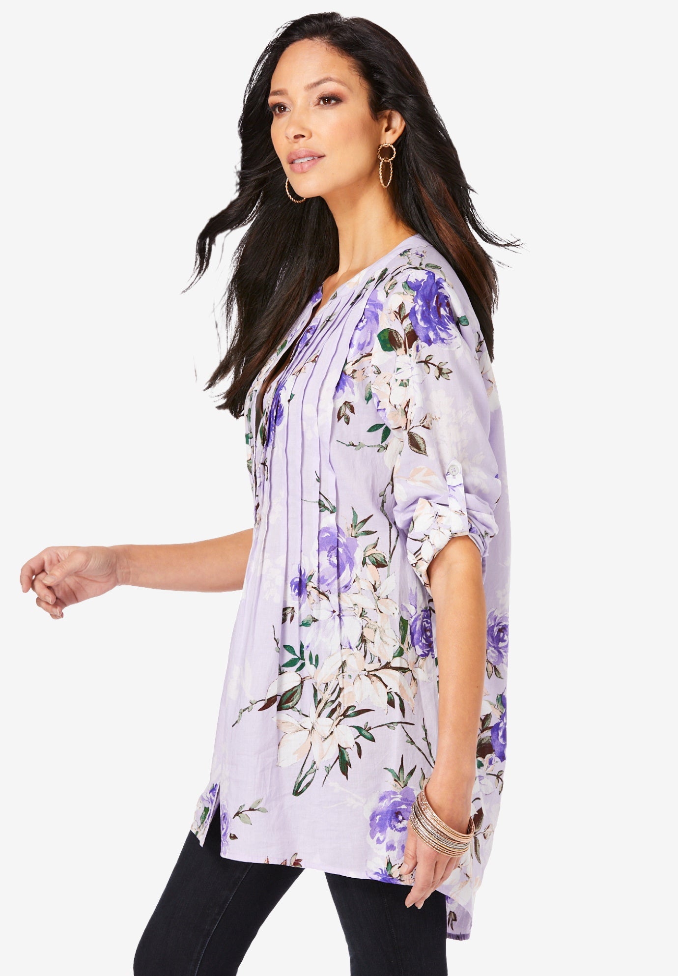 Plus Size Floral Y-Neck Pintuck Tunic &ndash; Adjustable Long Sleeve Button-Front, Relaxed Shirt Style image number 6