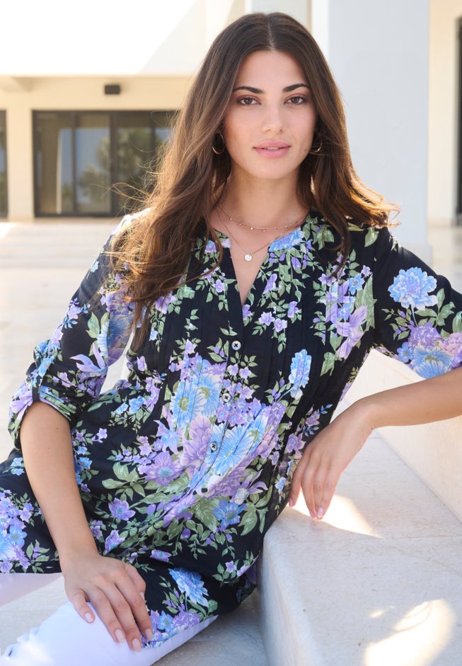 Plus Size Floral Y-Neck Pintuck Tunic &ndash; Adjustable Long Sleeve Button-Front, Relaxed Shirt Style image number 7