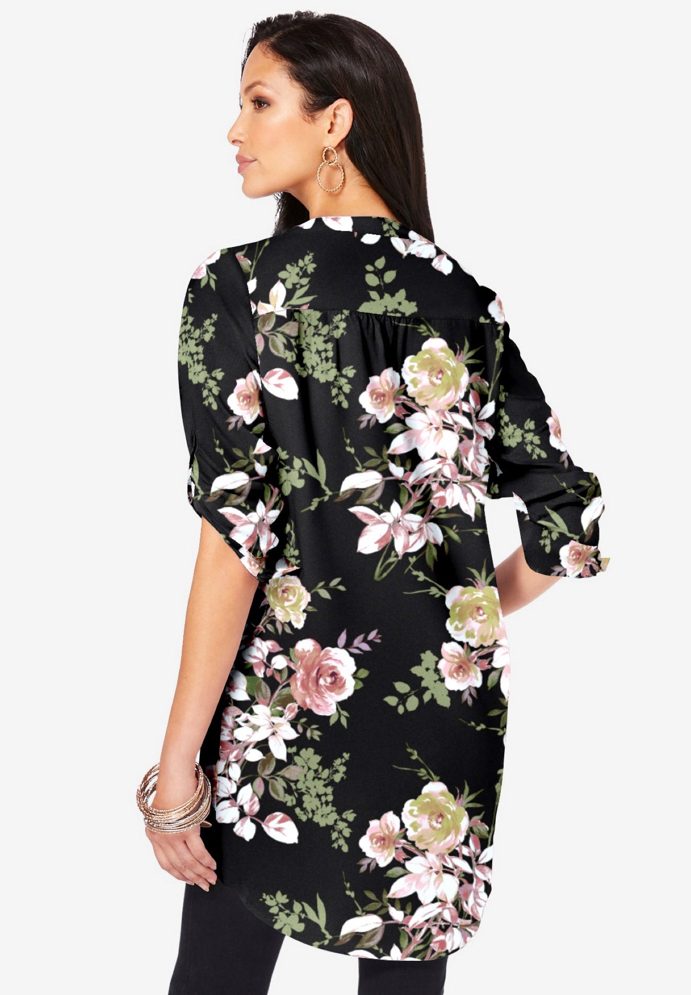 Plus Size Pintuck Tunic Blouse &ndash; Y-Neck & Roll-Tab Sleeves image number 2