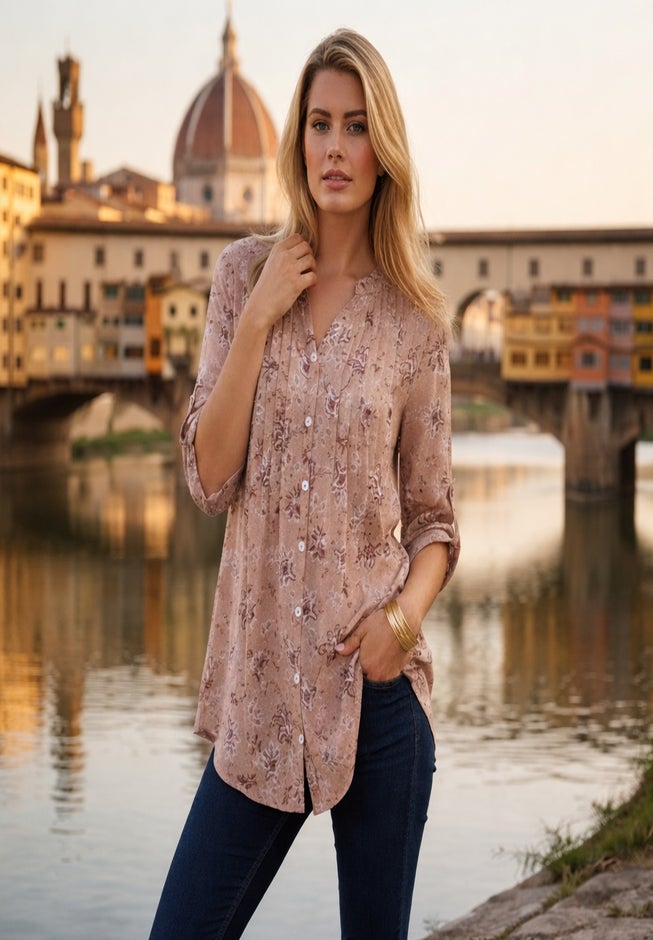 Plus Size Floral Y-Neck Pintuck Tunic &ndash; Adjustable Long Sleeve Button-Front, Relaxed Shirt Style image number 4