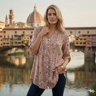 Plus Size Floral Y-Neck Pintuck Tunic &ndash; Adjustable Long Sleeve Button-Front, Relaxed Shirt Style image number null
