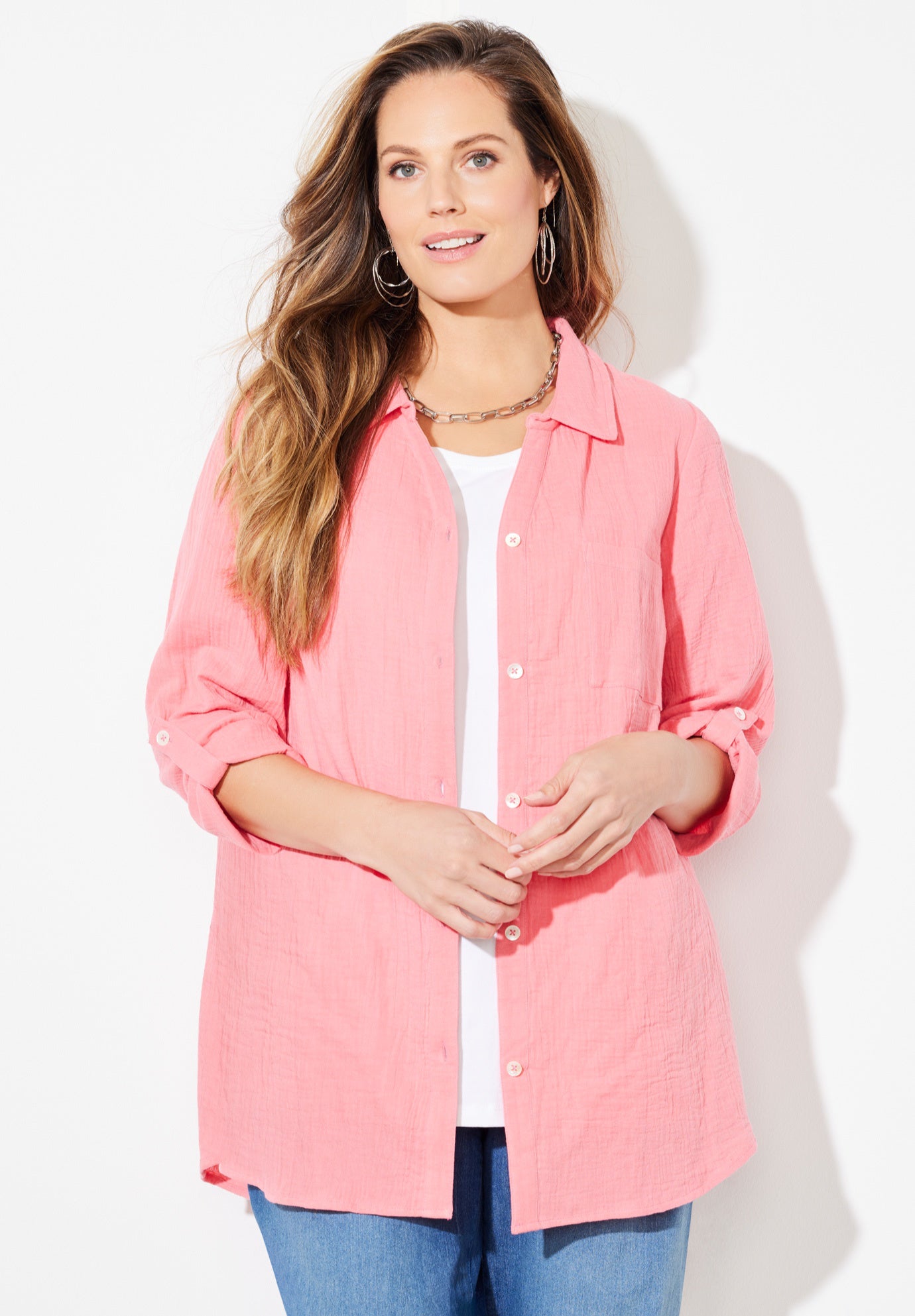 AnyWear Pucker Cotton Buttonfront Roll Tab Shirt image number 0