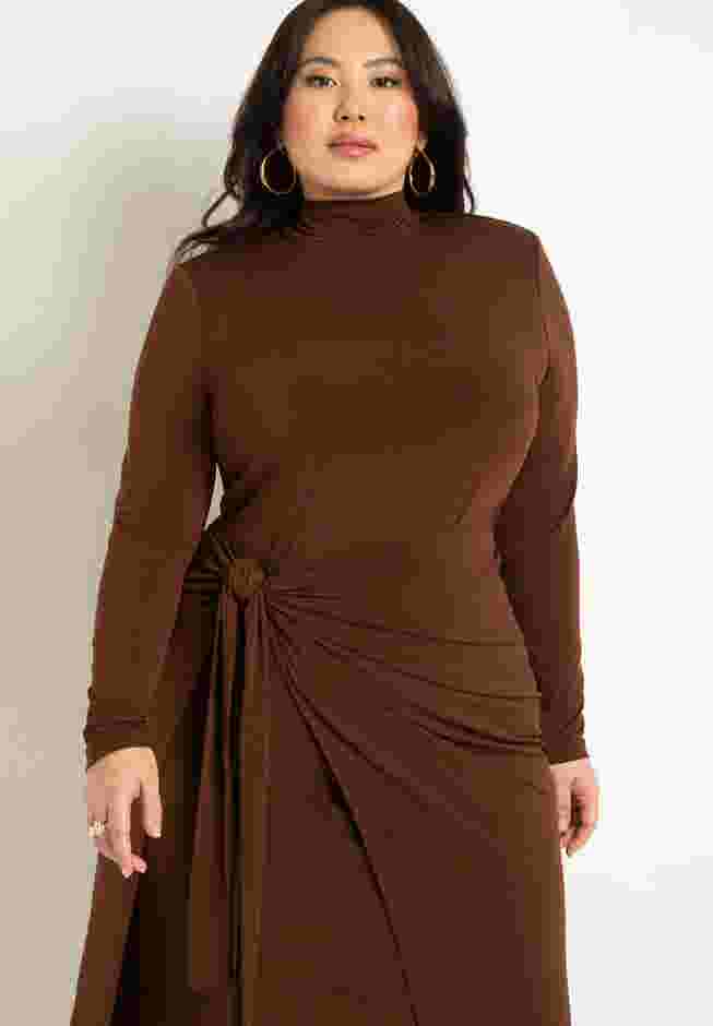 Mockneck Knit Dress With Wrapover Skirt image number 4