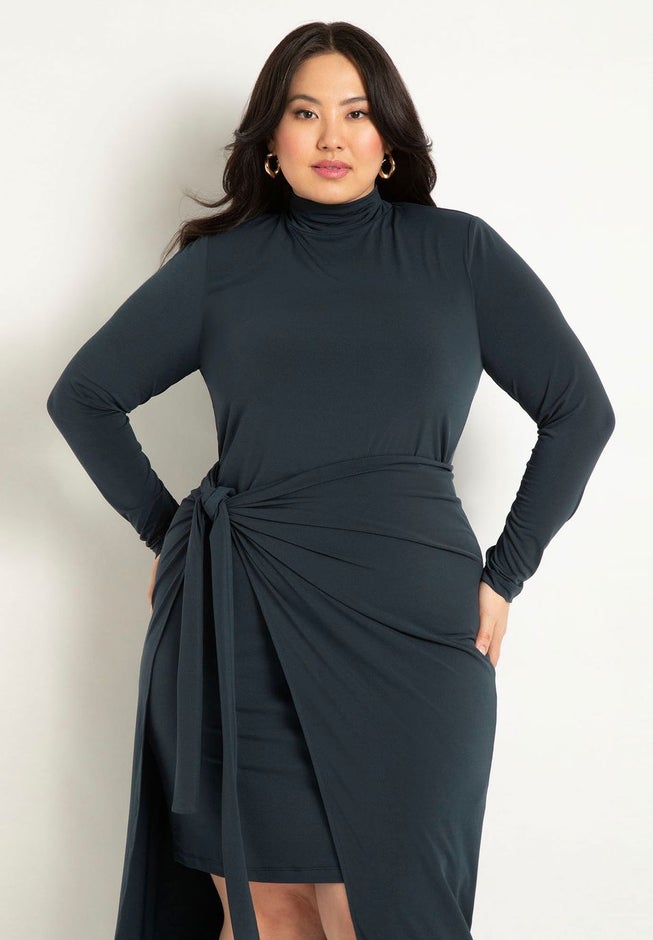 Mockneck Knit Dress With Wrapover Skirt image number null