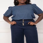 ELOQUII Elements Chambray Puff Sleeve Top With Scoop Back image number null