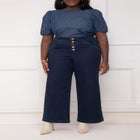 ELOQUII Elements Chambray Puff Sleeve Top With Scoop Back image number null