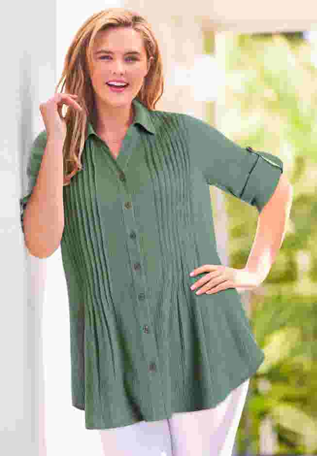 Pintucked Button Down Gauze Shirt image number 6