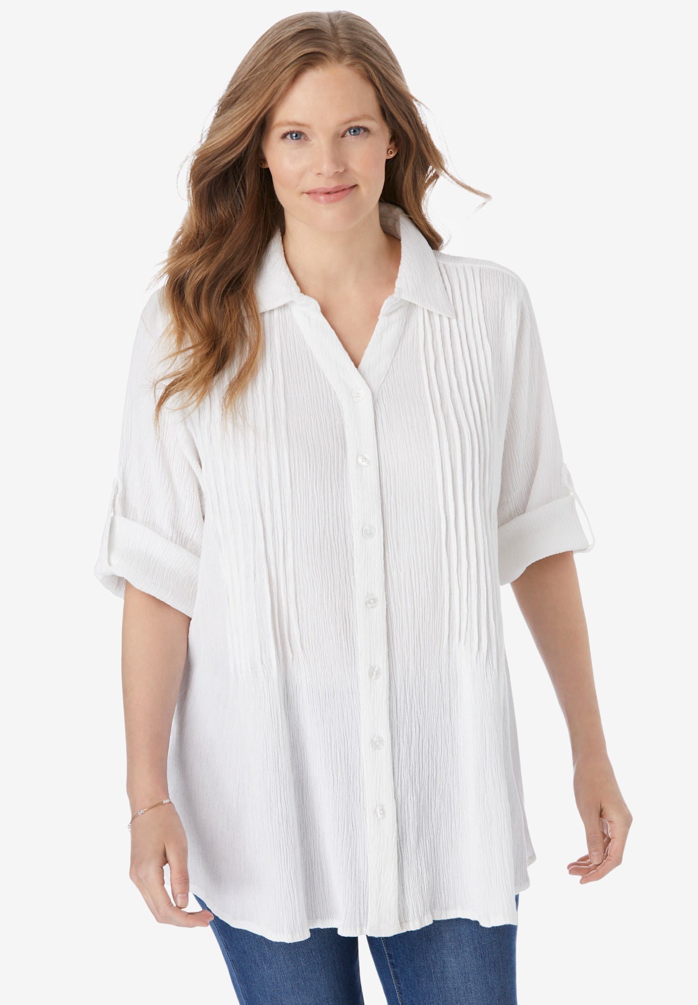 Pintucked Button Down Gauze Shirt image number 0