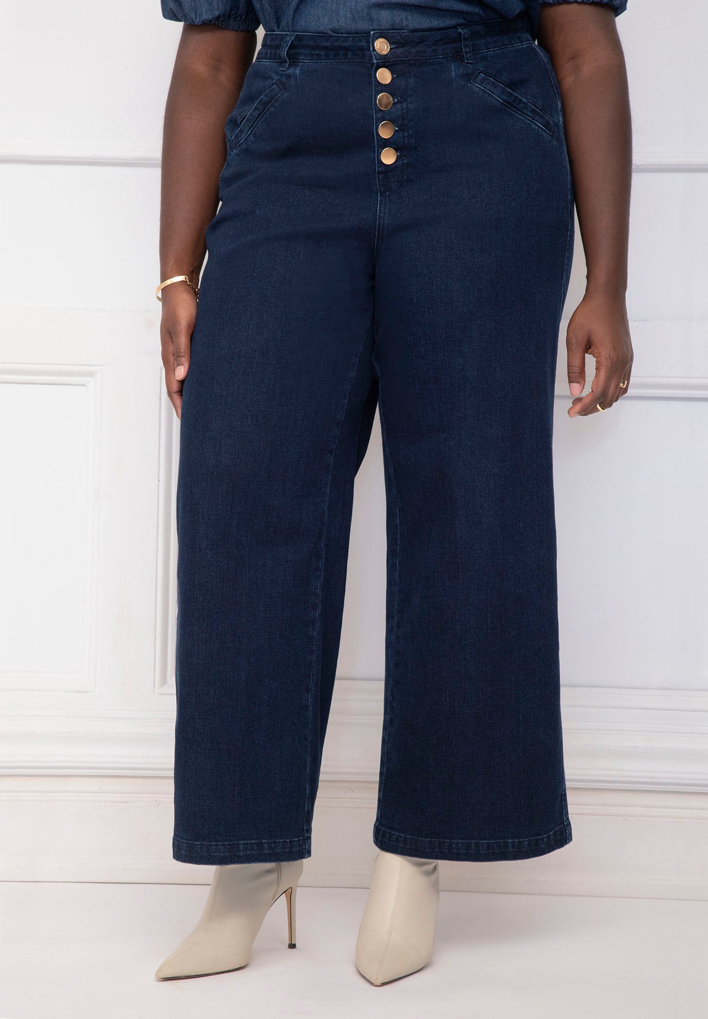 ELOQUII Elements High Rise Button Fly Wide Leg Trouser image number 1