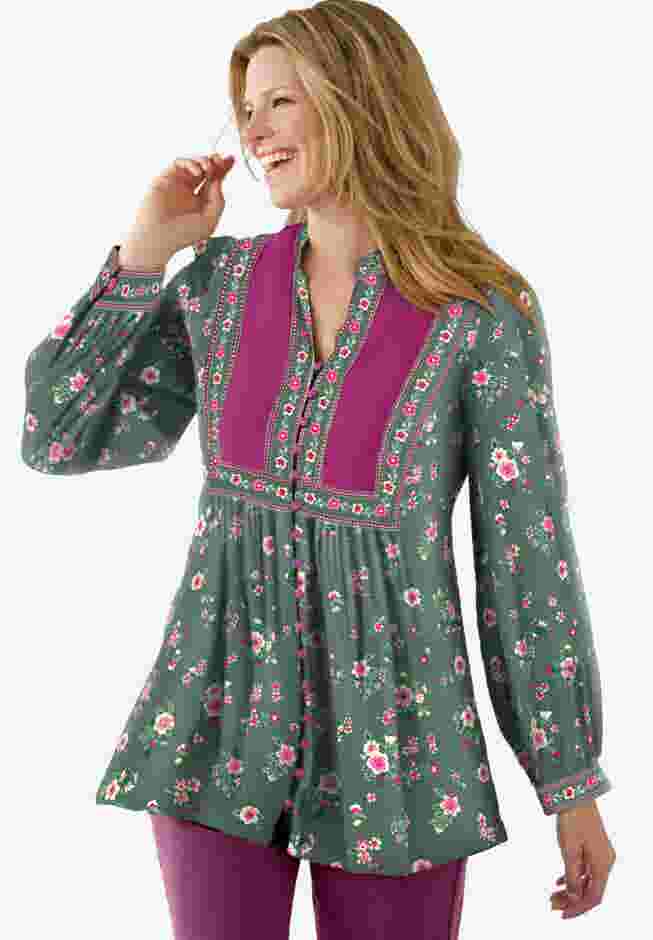 Button-Front Mixed Print Tunic image number 0