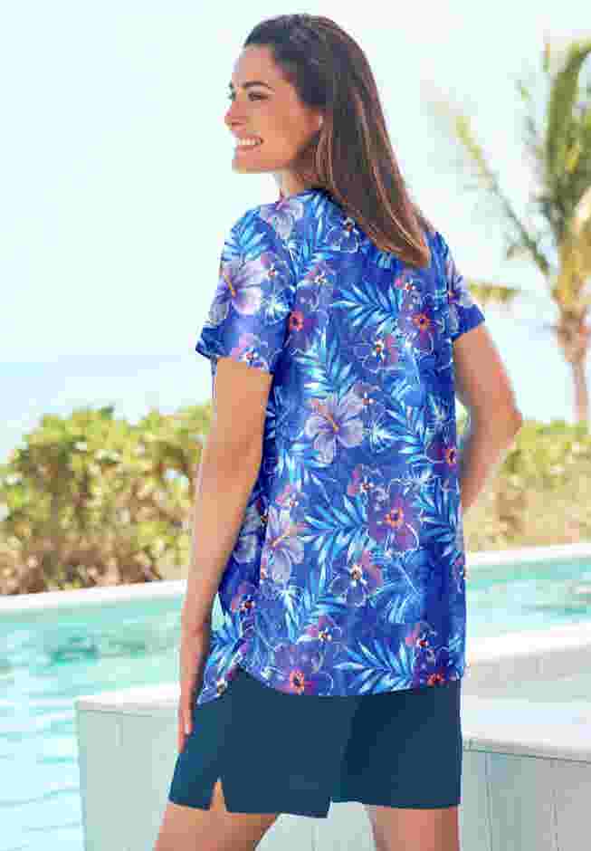 Split-Neck Short Sleeve Swim Tee with Built-In Bra image number 1