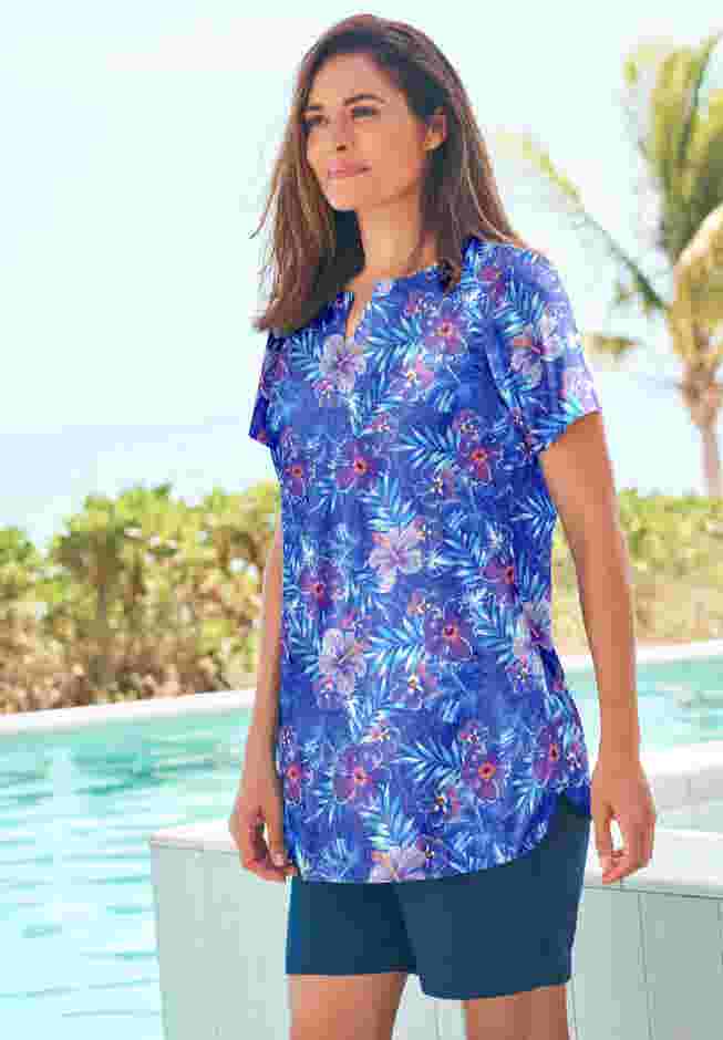 Split-Neck Short Sleeve Swim Tee with Built-In Bra image number 2