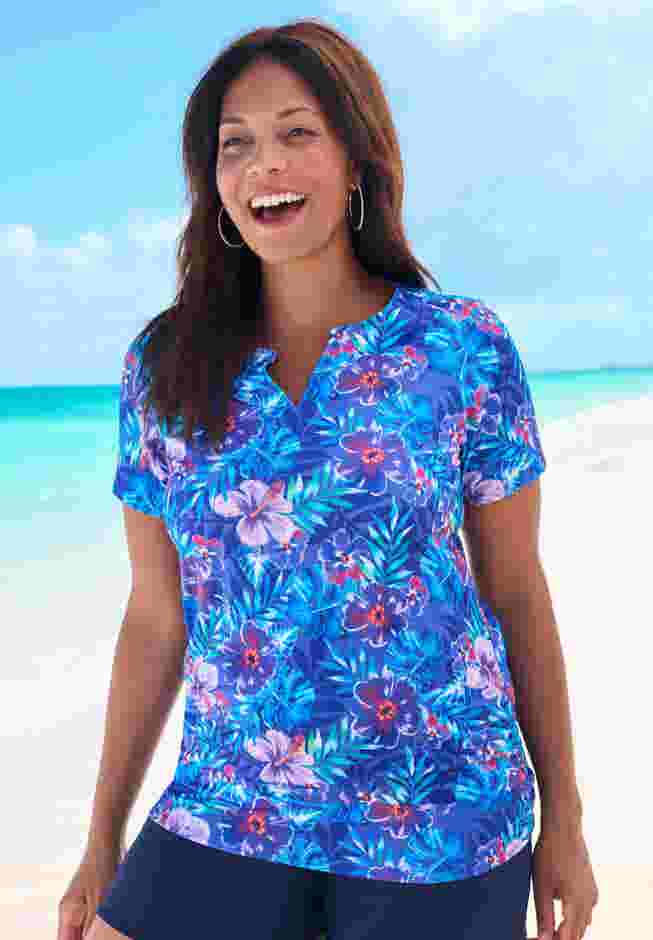 Split-Neck Short Sleeve Swim Tee with Built-In Bra image number 0