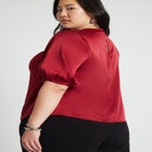 Twist Neck Puff Sleeve Satin Blouse image number null