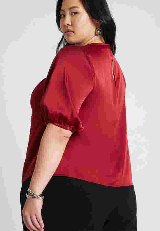 Twist Neck Puff Sleeve Satin Blouse image number 1