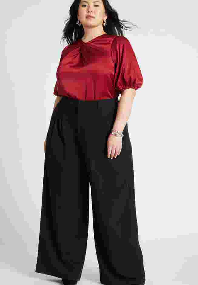 Twist Neck Puff Sleeve Satin Blouse image number 2