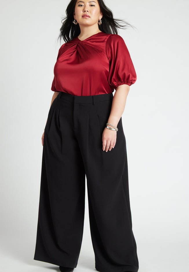 Twist Neck Puff Sleeve Satin Blouse image number null