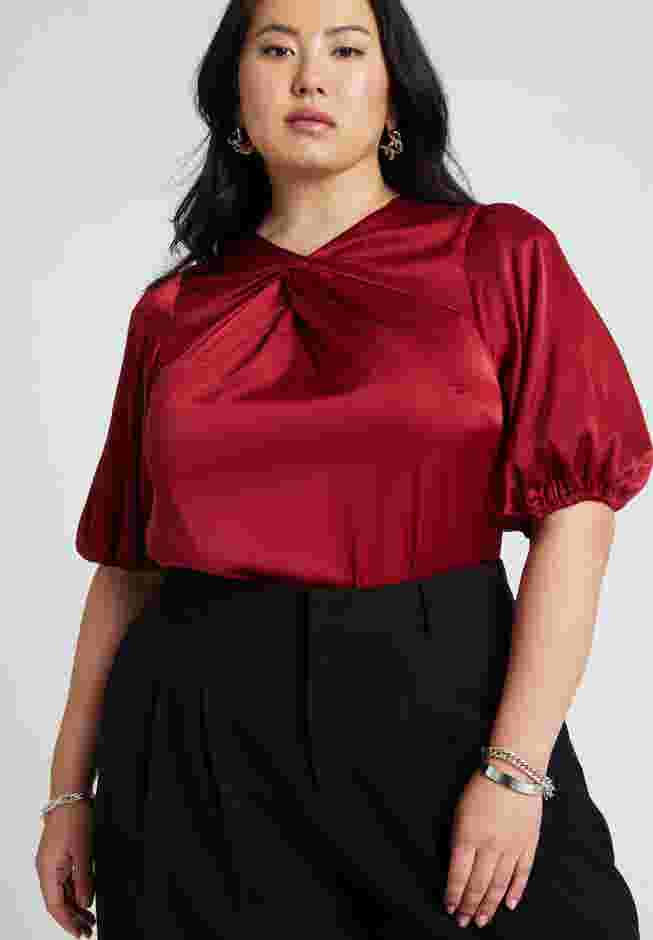 Twist Neck Puff Sleeve Satin Blouse image number 0