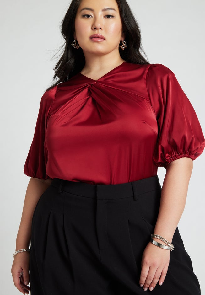 Twist Neck Puff Sleeve Satin Blouse image number null