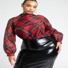 Raglan Sleeve Plaid Mock Neck Blouse image number null