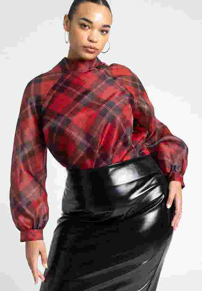 Raglan Sleeve Plaid Mock Neck Blouse image number 1