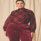 Raglan Sleeve Plaid Mock Neck Blouse image number null