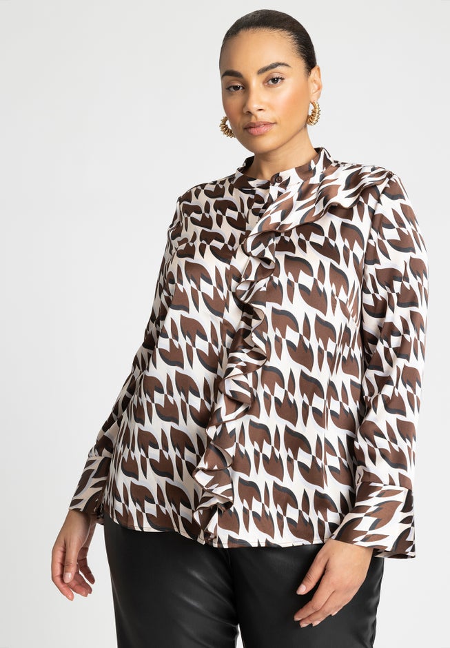 Ruffle Neckline Button Front Top image number null