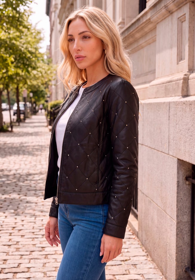 Plus Size Studded Faux Leather Bomber image number 1
