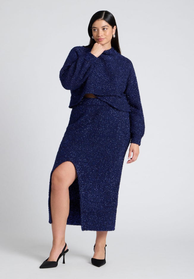 Metallic Sweater Skirt With Slit image number null