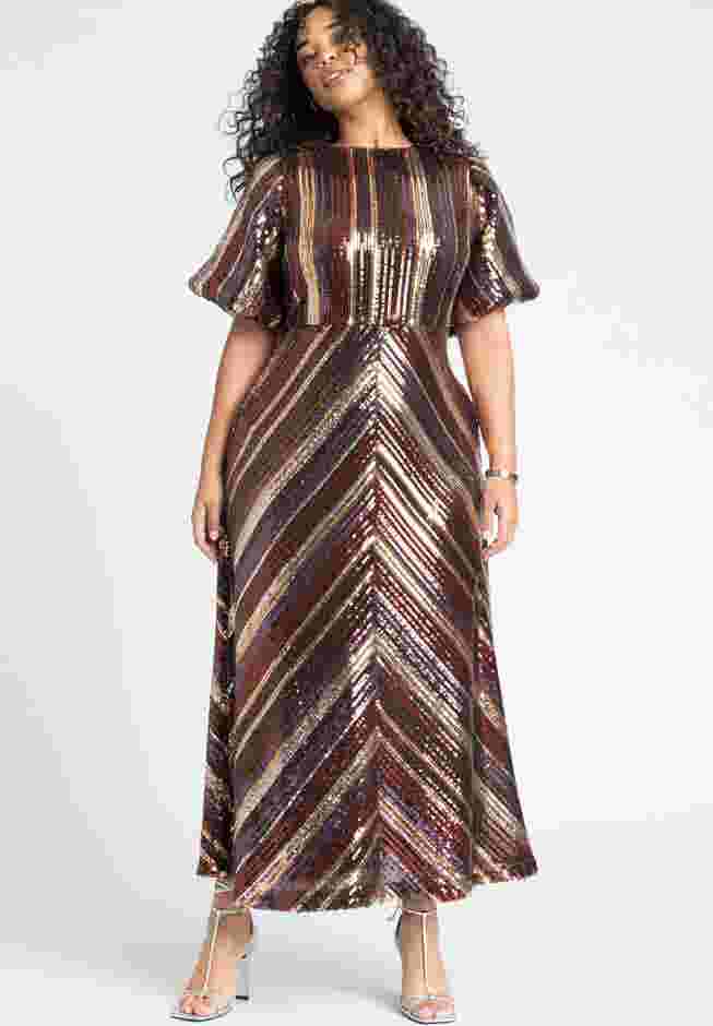 Striped Sequin Dress With Puff Sleeve image number 1